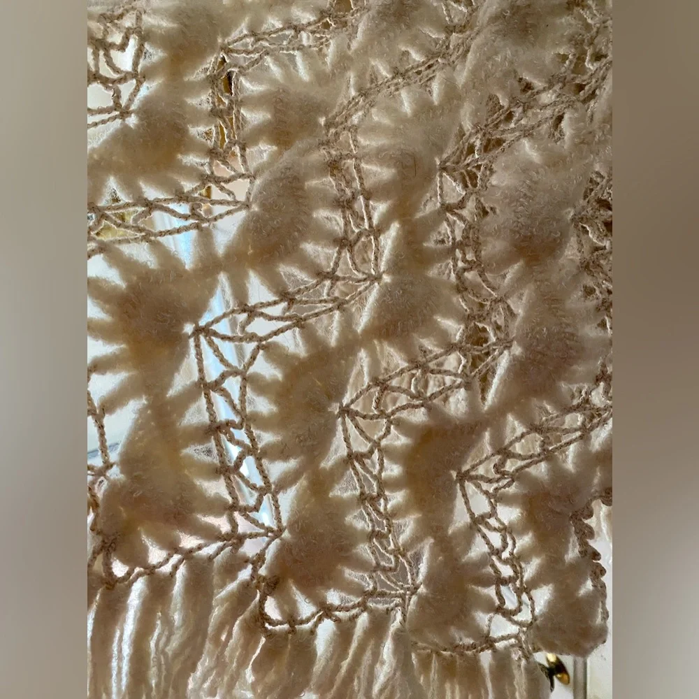 Vintage crochet Beige shawl scarf fringes Golden thread hand knitted oversized